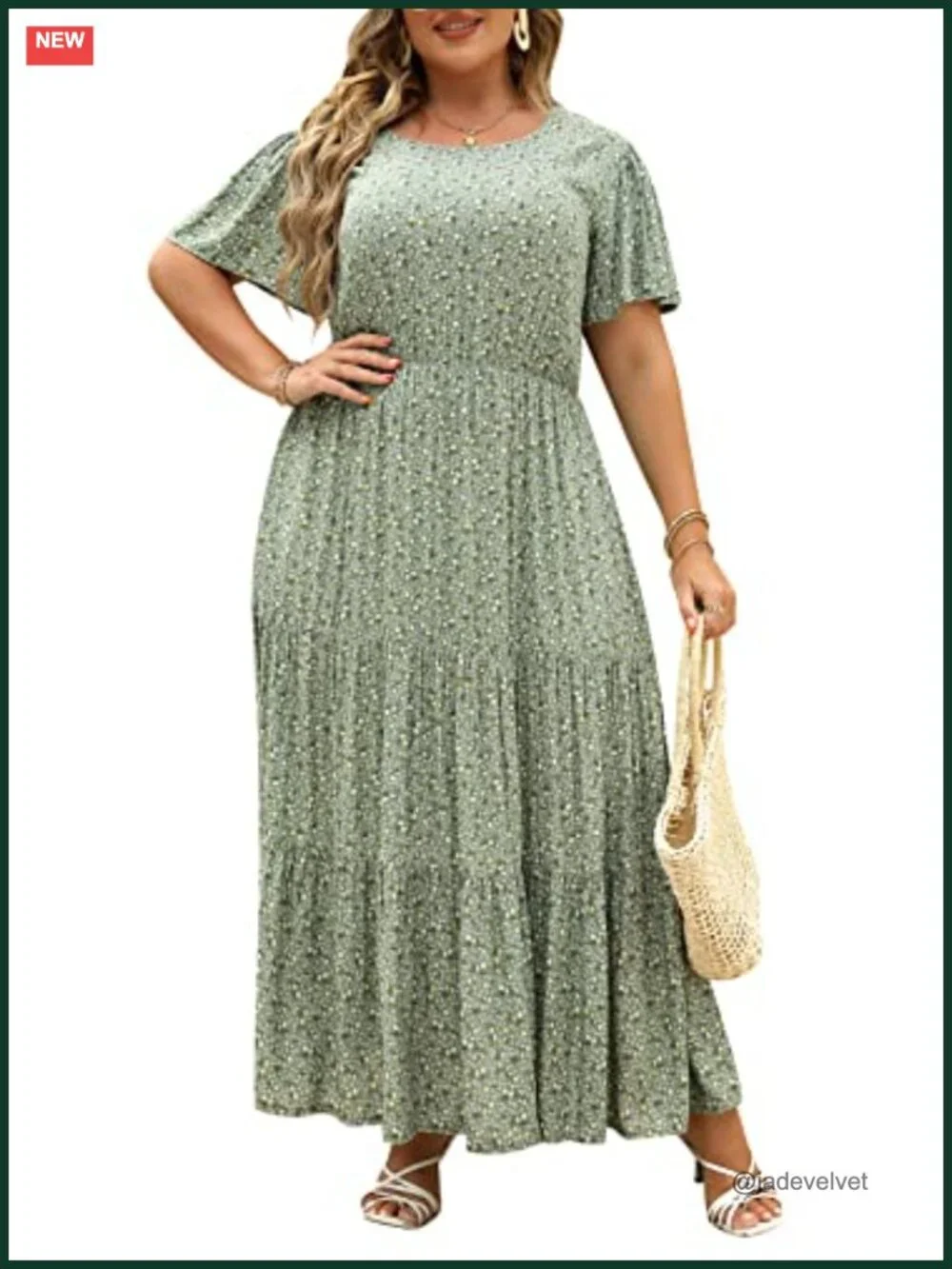 Plus Size Maxi Dress Boho Floral Ruffle Sleeve Pockets Flared
